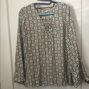 Patterned Bell Sleeve Lace-Up Blouse